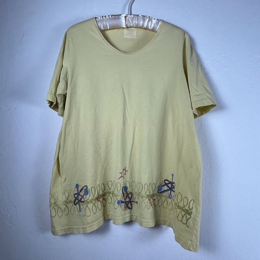 VTG Blue Fish Hand Printed "Fantastic Voyage Awaits You!" T-Shirt Size 0 Yellow